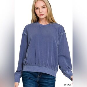 Zenana Soft Fleece Pigment Dye Round Neck Pullover
